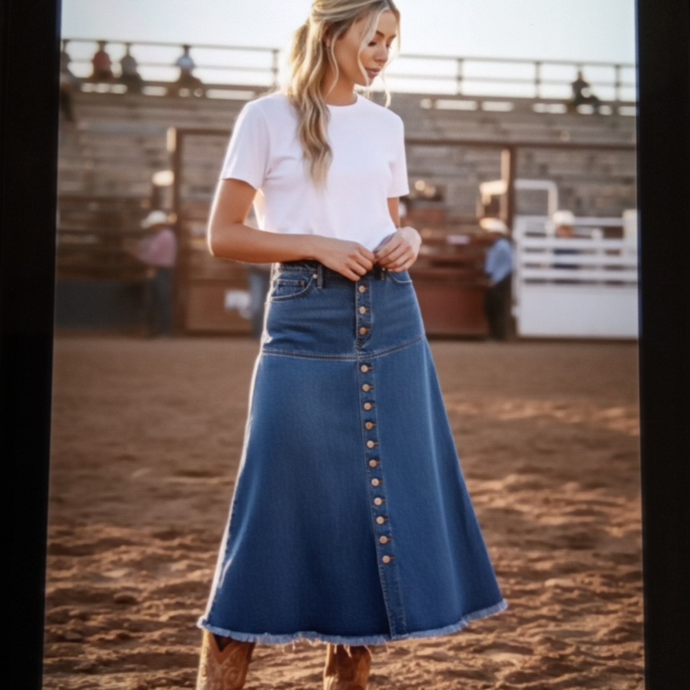 Silvertab Vintage Denium Womens Maxi Raw Hem Skirt Rodeo Festival Sz 29